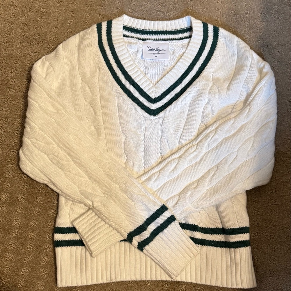 Walter Hagen V-Neck Sweater White and Green Timeless Design golf/tennis